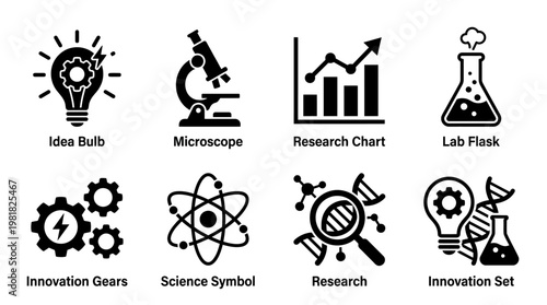Science Icons Vector – Idea Bulb Gear, Research Microscope, Data Research Chart, Laboratory Flask, Innovation Gears, Atomic Science Symbol, Molecular Research Magnifier, DNA Innovation Set Graphic
