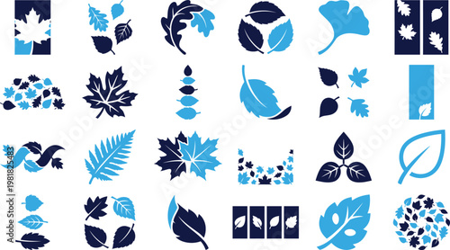 Natural leaf symbols and botanical icon collection with diverse species and unique layouts.