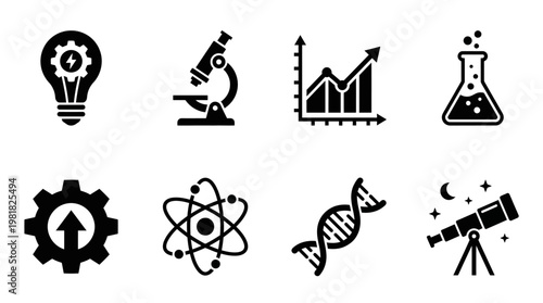 Science Icons Vector – Research Microscope, Chemistry Test Tubes, Innovation Light Bulb Gear, Data Growth Chart, Technology Advancement Gear, Atomic Research Magnifier, Laboratory Flask, Scientific