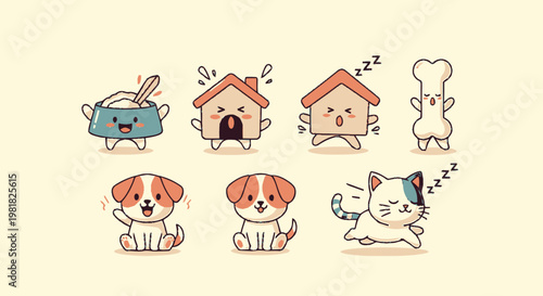 Adorable Cartoon Characters Depicting Pets, Food, and Shelter.