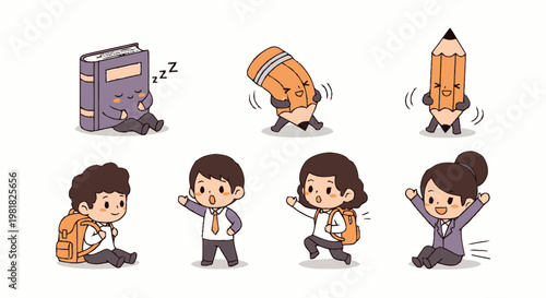 Adorable Cartoon Characters Depicting School Life and Education Concepts.