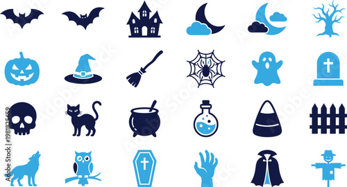 Creepy halloween character icons and spooky objects set for holiday party decoration assets.