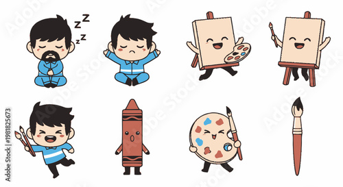 Adorable Cartoon Characters Depicting Sleep, Art, and Creativity in Various Forms.