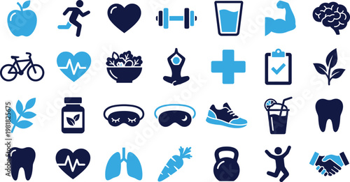 Health and wellness icons with heart, running, apple, and brain symbols.