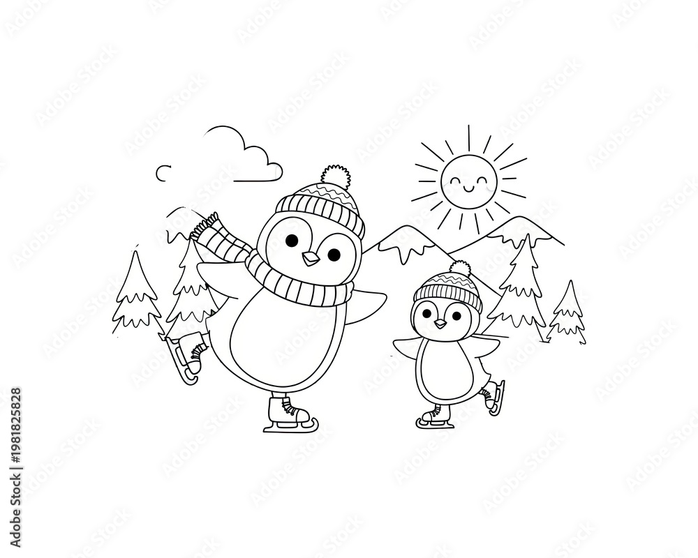 Naklejka premium Two penguins ice skating together with a smiling sun and snowy mountains in the background
