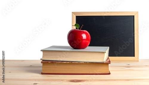 A red fruit with green leaf rests atop two books. Behind is a small, empty slate board. The items sit on a light wood surface