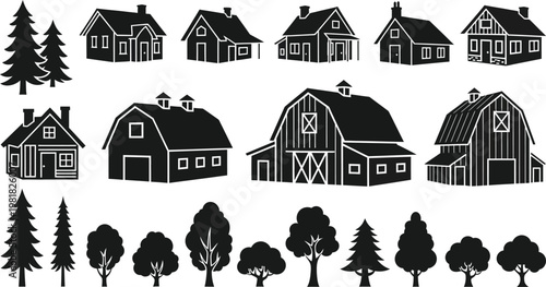 Fotografía Collection of stylized illustrations featuring houses and trees in a rustic desi