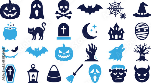 Halloween vector icons spooky symbols bats ghosts pumpkins witches blue navy.