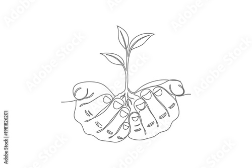 Illustration of hands gently holding a young plant sapling symbolizing growth care and environmental sustainability concept