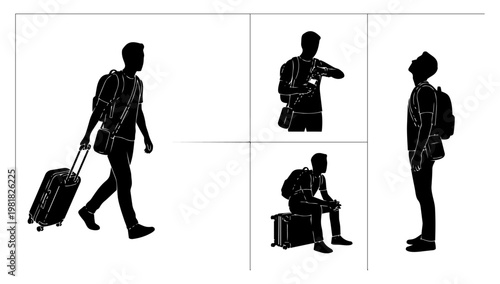 Silhouette illustration set of travelers with luggage in different poses, representing journey, tourism, and modern travel lifestyle concepts.