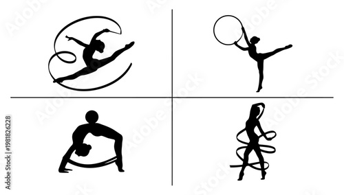 Silhouette illustration set of rhythmic gymnastics poses with ribbon and hoop, representing flexibility, performance, and artistic sports movement concepts.