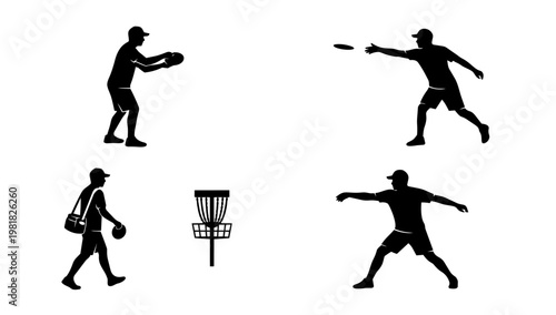 Silhouette illustration set of people playing disc golf, representing outdoor sports, recreational activities, and target-based throwing game concepts.