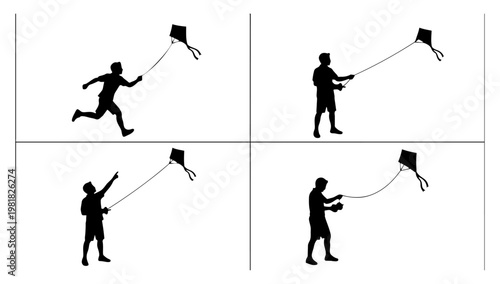 Silhouette illustration set of people flying kites, representing outdoor leisure, wind activity, and playful recreational concepts in design.