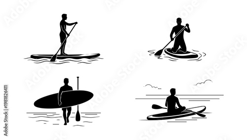 Silhouette illustration set of water sports activities including surfing and paddling, representing outdoor adventure, fitness, and marine lifestyle concepts.