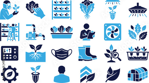 Modern farming icons showing farmer, drone, greenhouse, robot arm, and technology.