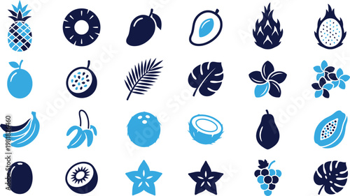 Tropical fruits and leaves icons set collection in blue and navy colors.
