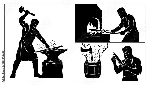 Silhouette illustration set of blacksmith forging metal, representing traditional craftsmanship, metalwork, and industrial forging process concepts in creative design.