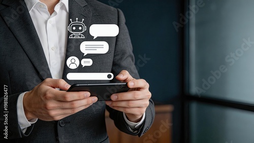 Businessman using smartphone with AI chatbot artificial intelligence concept digital assistant customer support virtual agent automation modern technology corporate communication