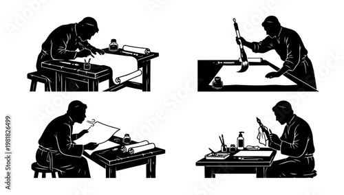 Silhouette illustration set of craftsmen working on detailed projects, representing precision work, manual skills, and professional artisan workshop concepts.