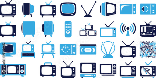 Television and broadcast icons set collection in blue and navy colors.