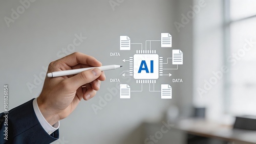Businessman drawing artificial intelligence concept with digital pen data processing machine learning neural network technology innovation future automation cloud computing big