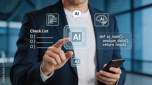 Businessman Using Smartphone With Artificial Intelligence Interface AI Data Analysis Machine Learning Tech Innovation Futuristic Business Concept Digital Transformation Smart