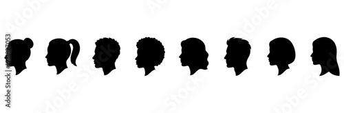 People profile silhouettes icon set with different hair styles