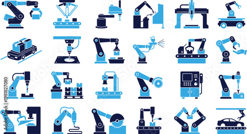 Industrial automation robot icons manufacturing equipment and factory machinery.