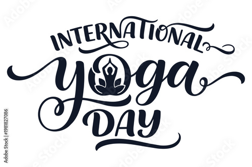 International yoga day calligraphic text with lotus pose silhouette icon