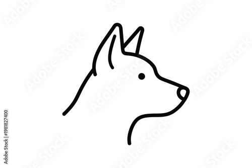 Minimalist line art drawing of a stylized dog head profile with pointed ears
