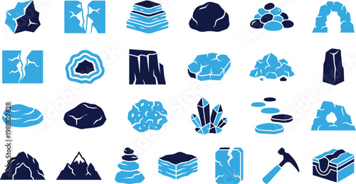 Geology rock icons set featuring various stone shapes minerals and geological formations.