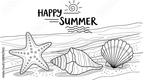 Happy summer beach scene with starfish, conch shell, and scallop shell
