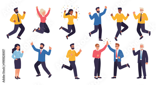 Set of 10 Diverse Happy Business People Celebrating Success Vector