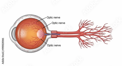 Explain the anatomical structure of the optic nerve in detail, and describe how visual information is transmitted and represented along the optic pathway highly detailed illustration