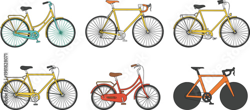 Bicycle Collection Featuring City Road Folding and Racing Bikes Transportation Cycling Vehicles Illustrations for Fitness and Urban Design