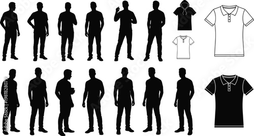 Men silhouette and polo shirt set, male characters poses collection, casual clothing apparel design, fashion vector illustration isolated on white