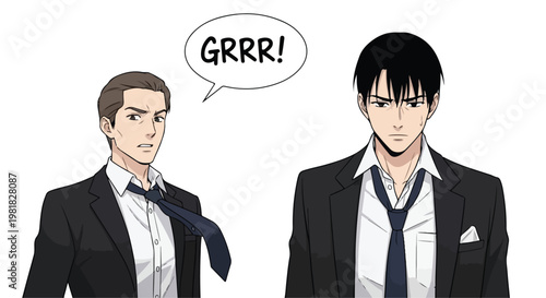 Two serious business men in black suits with speech bubble vector