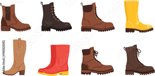 Boots Collection Featuring Leather Work Rain Cowboy Hiking Fashion Footwear Styles for Outdoor Apparel and Retail Design Projects