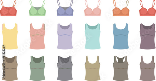 Women tank tops and bra set, sleeveless clothing collection, casual summer fashion apparel, trendy female wear flat vector illustration isolated