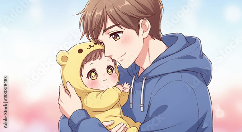 Loving father holding his newborn baby in soft focus dreamlike style