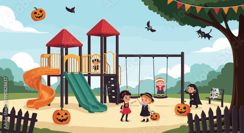 Playground scene with children dressed for a spooky halloween celebration Vector