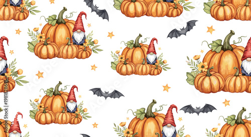 Autumn Gnomes with Pumpkins, Bats, and Fall Decor in a Whimsical Halloween Vector Illustration"Autumn Gnomes with Pumpkins, Bats, and Fall Decor in a Whimsical Halloween Vector Illustration"