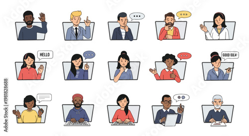 Set of 15 Diverse People Video Call Avatars Vector