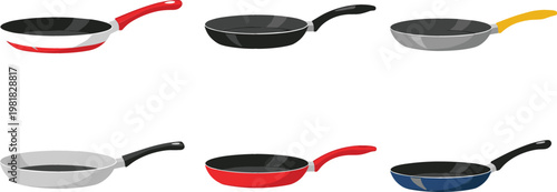 Frying Pan Collection Featuring Nonstick Skillet Cookware Kitchen Utensils with Colorful Handles for Cooking Design Projects