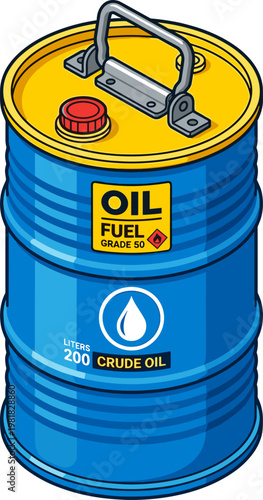 Blue industrial fuel drum labeled for crude oil storage
