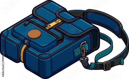 Blue messenger bag with shoulder strap and multiple pockets