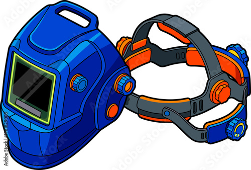 Blue welding mask with adjustable head strap and protective lens
