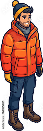 Cheerful man wearing orange puffer jacket and winter beanie hat