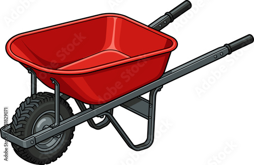 Classic red metal wheelbarrow with black handles and rubber tire
