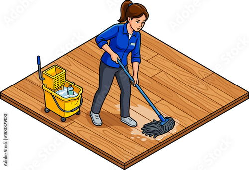 Cleaning lady mops a wooden floor with a yellow bucket